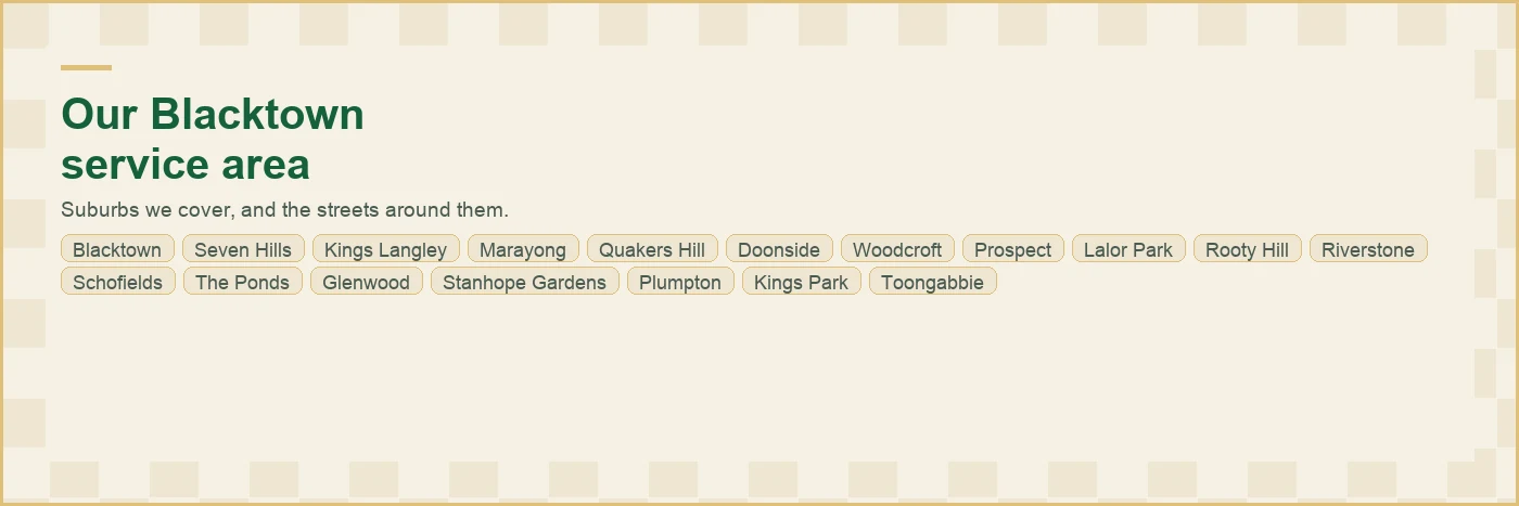 Map of the Blacktown plumbing service area, showing the suburbs we cover from Schofields, The Ponds and Stanhope Gardens in the north through Quakers Hill, Kings Langley and Glenwood to Blacktown, Seven Hills, Doonside, Rooty Hill and Prospect